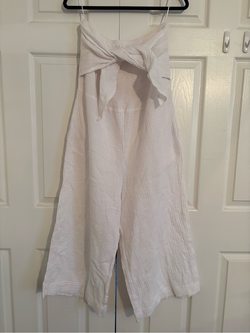 White Wide-Leg Strap Jumpsuit with Front Tie Detail